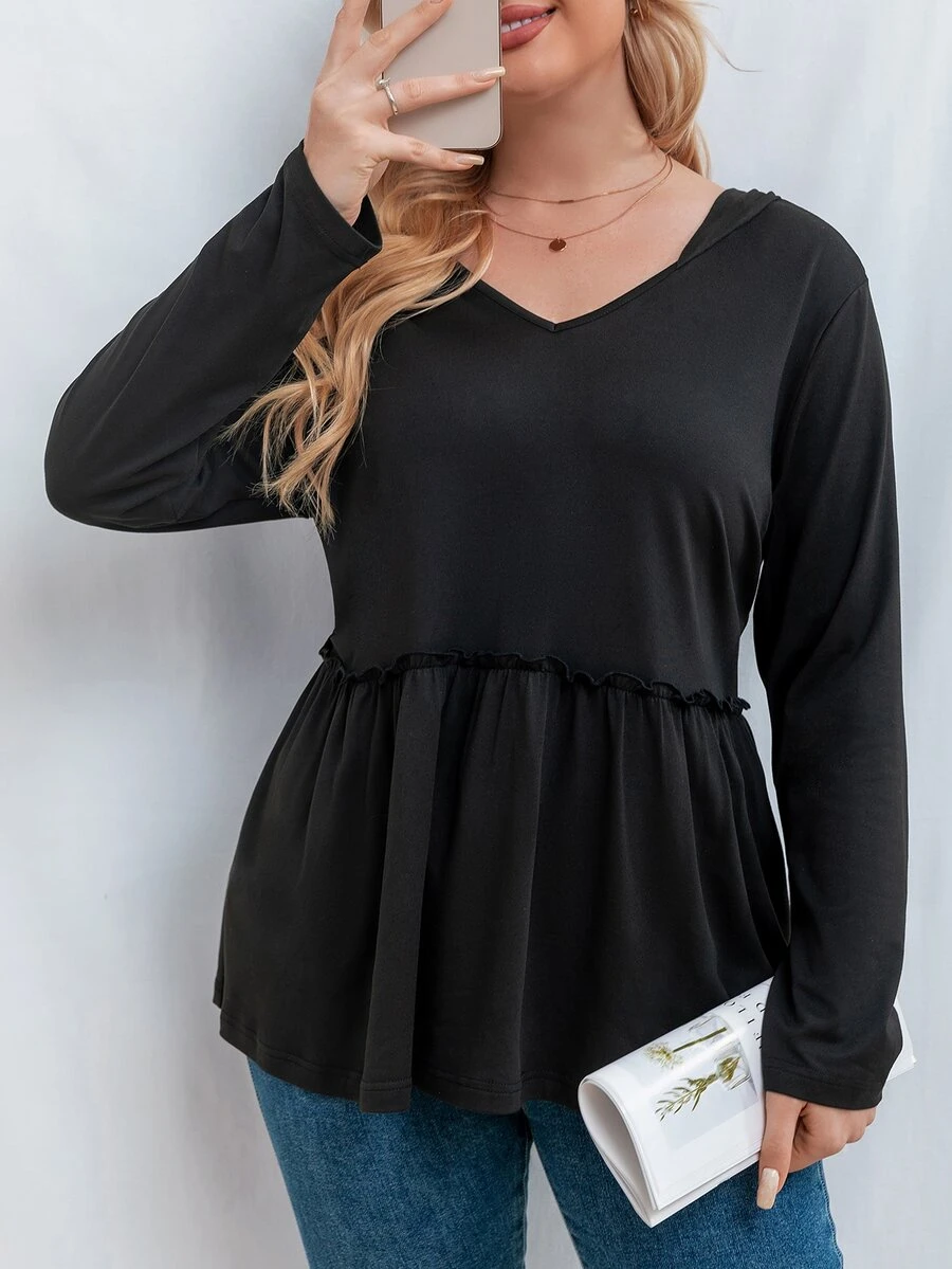 Plus Frill Trim Peplum Hoodie - Black - View 1