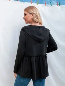 Plus Frill Trim Peplum Hoodie - Black - View 2