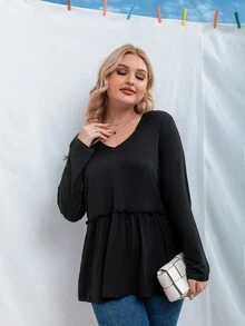 Plus Frill Trim Peplum Hoodie - Black - View 3