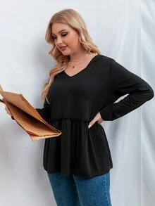 Plus Frill Trim Peplum Hoodie - Black - View 4