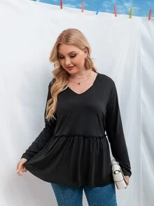 Plus Frill Trim Peplum Hoodie - Black - View 5