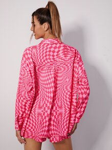 SHEIN EZwear con estampado de cuadros de hombros caídos Shorts con blusa Conjunto - Rosa - Ver 2