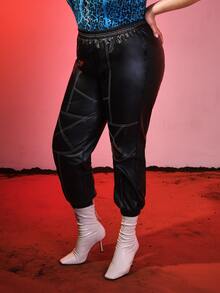 SHEIN Plus Elastic Waist PU Leather Joggers - Black - View 4