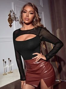 鏤空網紗拼接連身背心 - 黑色 - 查看 5