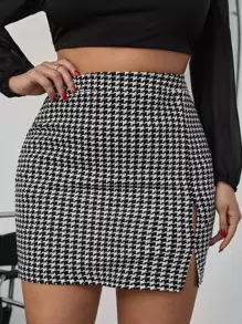 SHEIN Privé Plus Houndstooth Print High Waist Split Hem Bodycon Skirt - Black and White - View 1