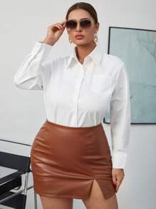 SHEIN Privé Plus Pocket Patched Solid Shirt - White - View 1