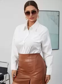 SHEIN Privé Plus Pocket Patched Solid Shirt - White - View 3