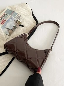 Artificial Patent Leather Quilted Bag - Chocolate Brown - View 2