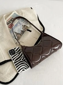 Artificial Patent Leather Quilted Bag - Chocolate Brown - View 8
