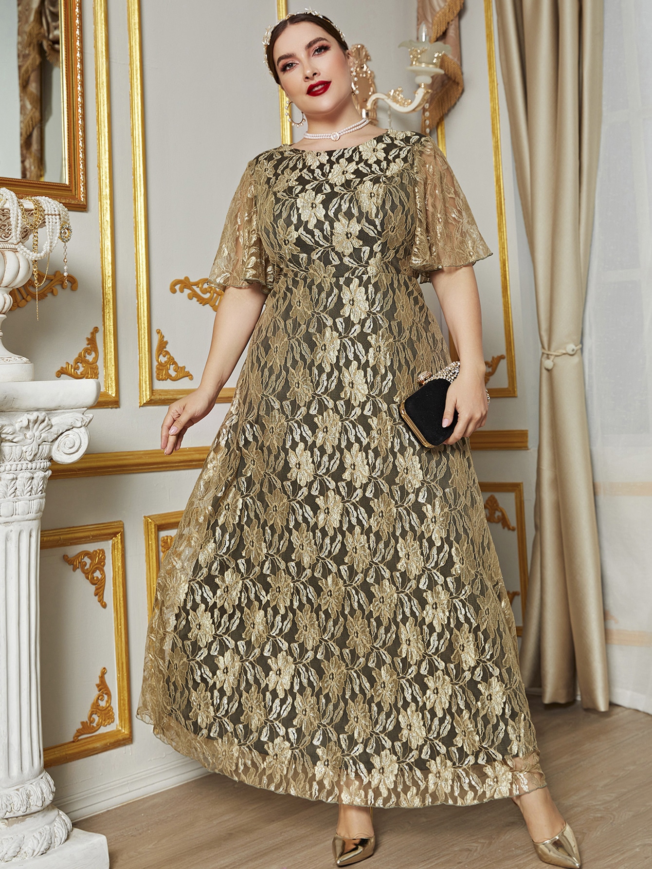 Plus Butterfly Sleeve Floral Lace Prom Dress