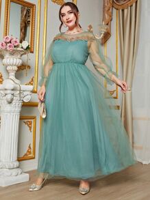 SHEIN Belle Plus Appliques Flounce Sleeve Mesh Bridesmaid Dress - Mint Green - View 1