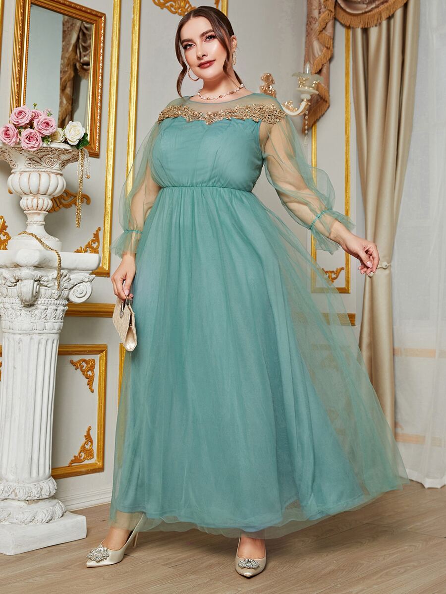 SHEIN Belle Plus Appliques Flounce Sleeve Mesh Bridesmaid Dress - Mint Green - View 1