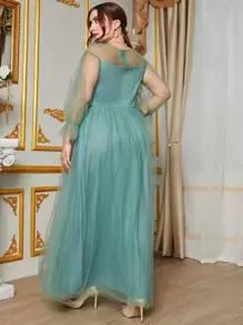 SHEIN Belle Plus Appliques Flounce Sleeve Mesh Bridesmaid Dress - Mint Green - View 2