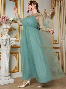 SHEIN Belle Plus Appliques Flounce Sleeve Mesh Bridesmaid Dress - Mint Green - View 3