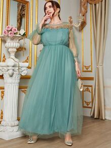 SHEIN Belle Plus Appliques Flounce Sleeve Mesh Bridesmaid Dress - Mint Green - View 4