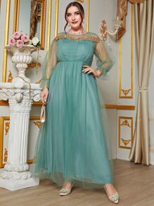 SHEIN Belle Plus Appliques Flounce Sleeve Mesh Bridesmaid Dress - Mint Green - View 5