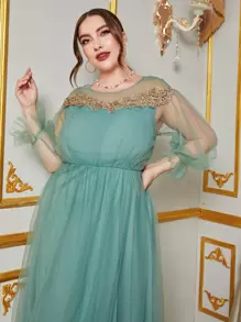 SHEIN Belle Plus Appliques Flounce Sleeve Mesh Bridesmaid Dress - Mint Green - View 6