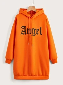 SHEIN Coolane Letter Graphic Drawstring Hooded Sweatshirt Dress - Orange - View 1