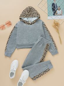 Girls Leopard Contrast Side Seam Hoodie & Joggers - Grey - View 1