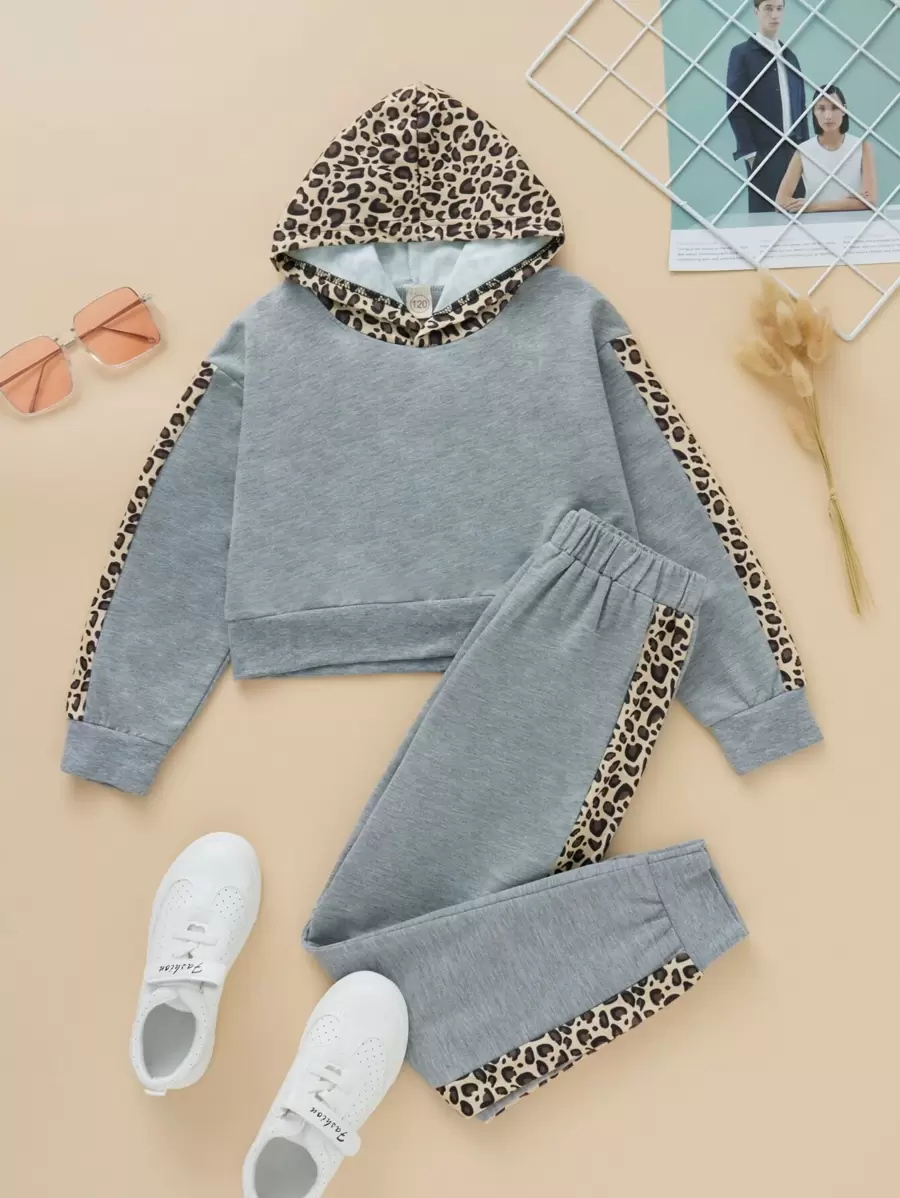 Girls Leopard Contrast Side Seam Hoodie & Joggers - Grey - View 1
