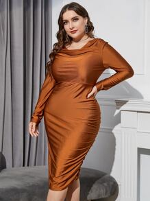 Modelyn Vestido ajustado escote drapeado fruncido - Marrón - Ver 3