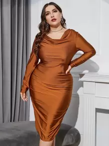 Modelyn Vestido ajustado escote drapeado fruncido - Marrón - Ver 4