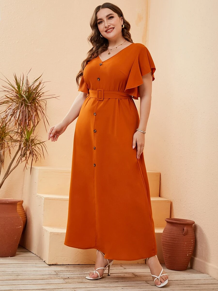 Modelyn Plus Butterfly Sleeve Fake Button Belted Dress - Burnt Orange - View 1