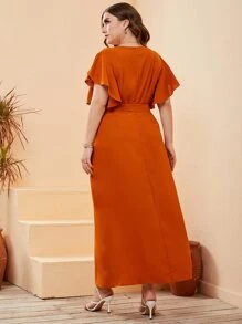 Modelyn Plus Butterfly Sleeve Fake Button Belted Dress - Burnt Orange - View 2