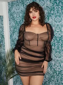 SHEIN Privé 大碼褶邊網紗緊身洋裝 - 彩色 - 查看 2