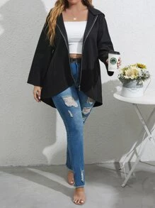 Plus Zip Up Hooded Coat - Black - View 1