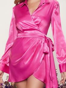 SHEIN Solid Collared Belted Satin Wrap Dress - Hot Pink - View 4