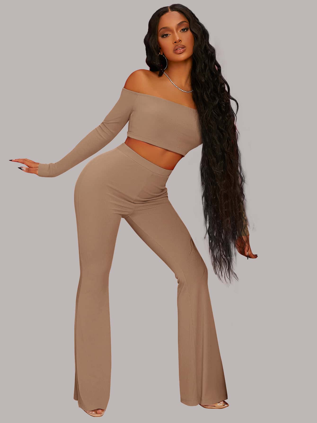 SHEIN SXY Off Shoulder Crop Top & Flare Leg Trousers - Mocha Brown - View 1