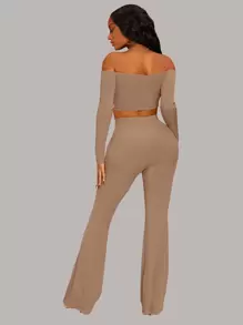 SHEIN SXY Off Shoulder Crop Top & Flare Leg Trousers - Mocha Brown - View 2