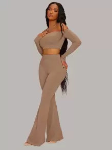 SHEIN SXY Off Shoulder Crop Top & Flare Leg Trousers - Mocha Brown - View 3