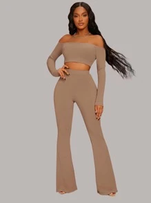 SHEIN SXY Off Shoulder Crop Top & Flare Leg Trousers - Mocha Brown - View 4