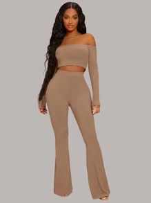 SHEIN SXY Off Shoulder Crop Top & Flare Leg Trousers - Mocha Brown - View 5