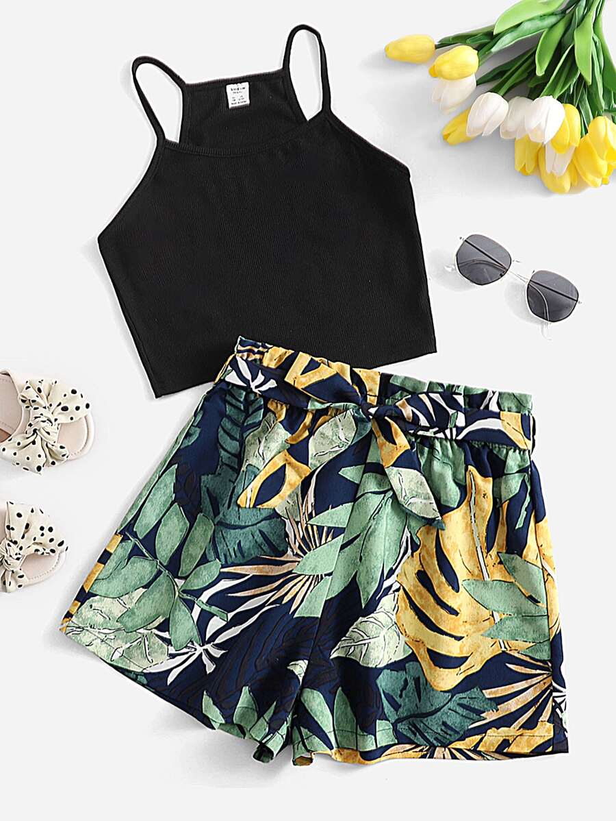 SHEIN Dwuczęściowe Ubrania Dziewczęce Z paskiem Tropikalny Boho - Wielokolorowe - Zobacz 1