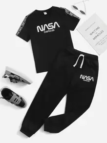 SHEIN Bộ hai mảnh Trai Dây kéo Thắt nút Túi Lá thư Thể thao - màu đen - Xem 1