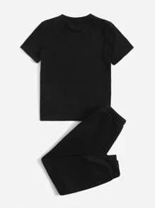 SHEIN Bộ hai mảnh Trai Dây kéo Thắt nút Túi Lá thư Thể thao - màu đen - Xem 2