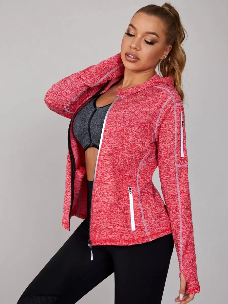 SHEIN Marled Knit Zipper Front Hooded Sports Jacket - Watermelon Pink - View 1