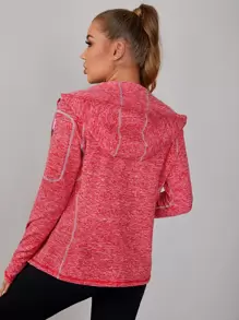 SHEIN Marled Knit Zipper Front Hooded Sports Jacket - Watermelon Pink - View 2