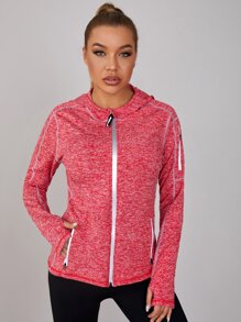 SHEIN Marled Knit Zipper Front Hooded Sports Jacket - Watermelon Pink - View 3