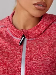 SHEIN Marled Knit Zipper Front Hooded Sports Jacket - Watermelon Pink - View 4