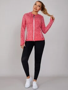 SHEIN Marled Knit Zipper Front Hooded Sports Jacket - Watermelon Pink - View 5