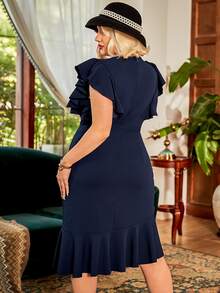 CurvySweet Plus Ruffle Trim Zip Back Flounce Hem Dress - Navy Blue - View 2