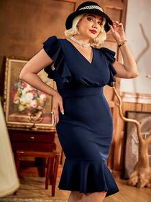 CurvySweet Plus Ruffle Trim Zip Back Flounce Hem Dress - Navy Blue - View 5