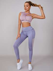 SHEIN Peekaboo Front Crop Sports Tee - Dusty Purple - View 4