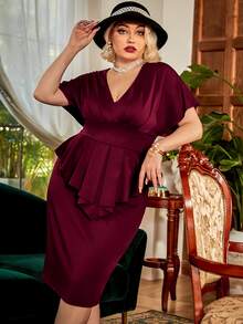 CurvySweet 大碼褶皺荷葉邊下擺緊身洋裝 - 酒紅色 - 查看 3