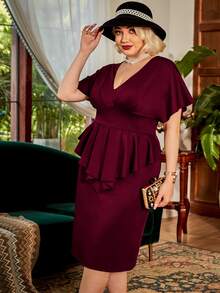 CurvySweet 大碼褶皺荷葉邊下擺緊身洋裝 - 酒紅色 - 查看 4