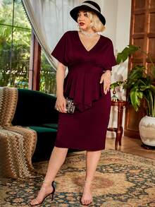 CurvySweet 大碼褶皺荷葉邊下擺緊身洋裝 - 酒紅色 - 查看 5